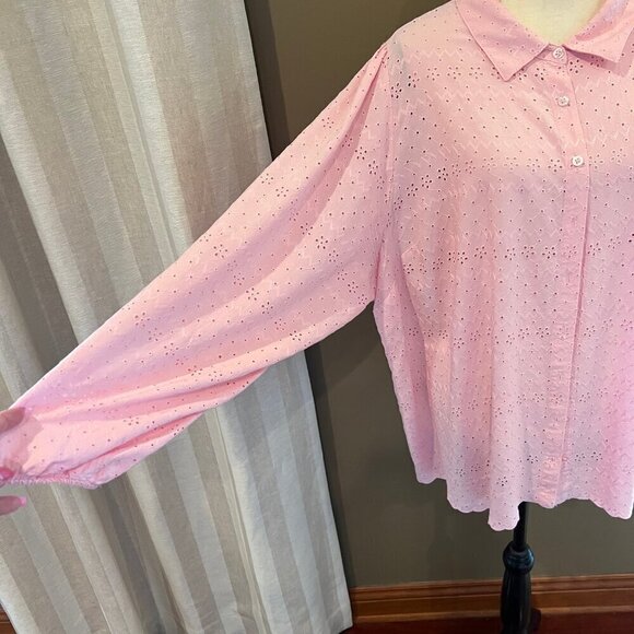 Woman's Torrid Beautiful Pink Eyelet Long sleeve button down blouse, Size 3X - Picture 4 of 13